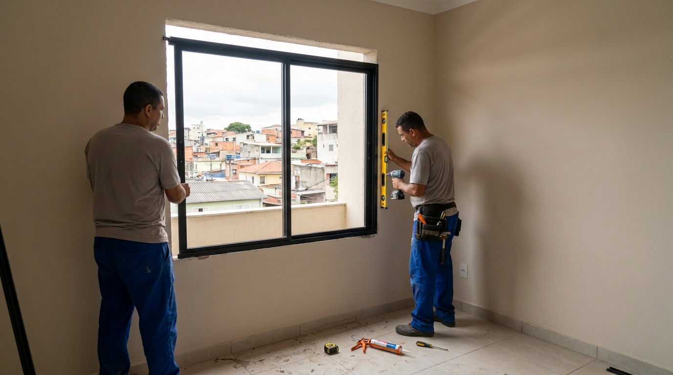 Esquadria de alumínio em quarto bege em Serra-ES