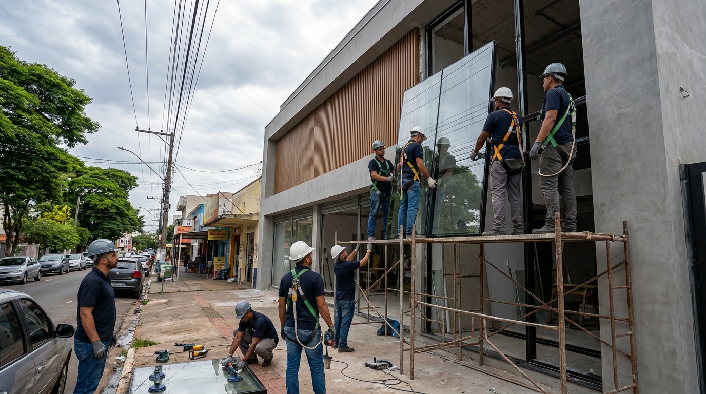 Fachada de vidro com andaime lateral em Serra-ES