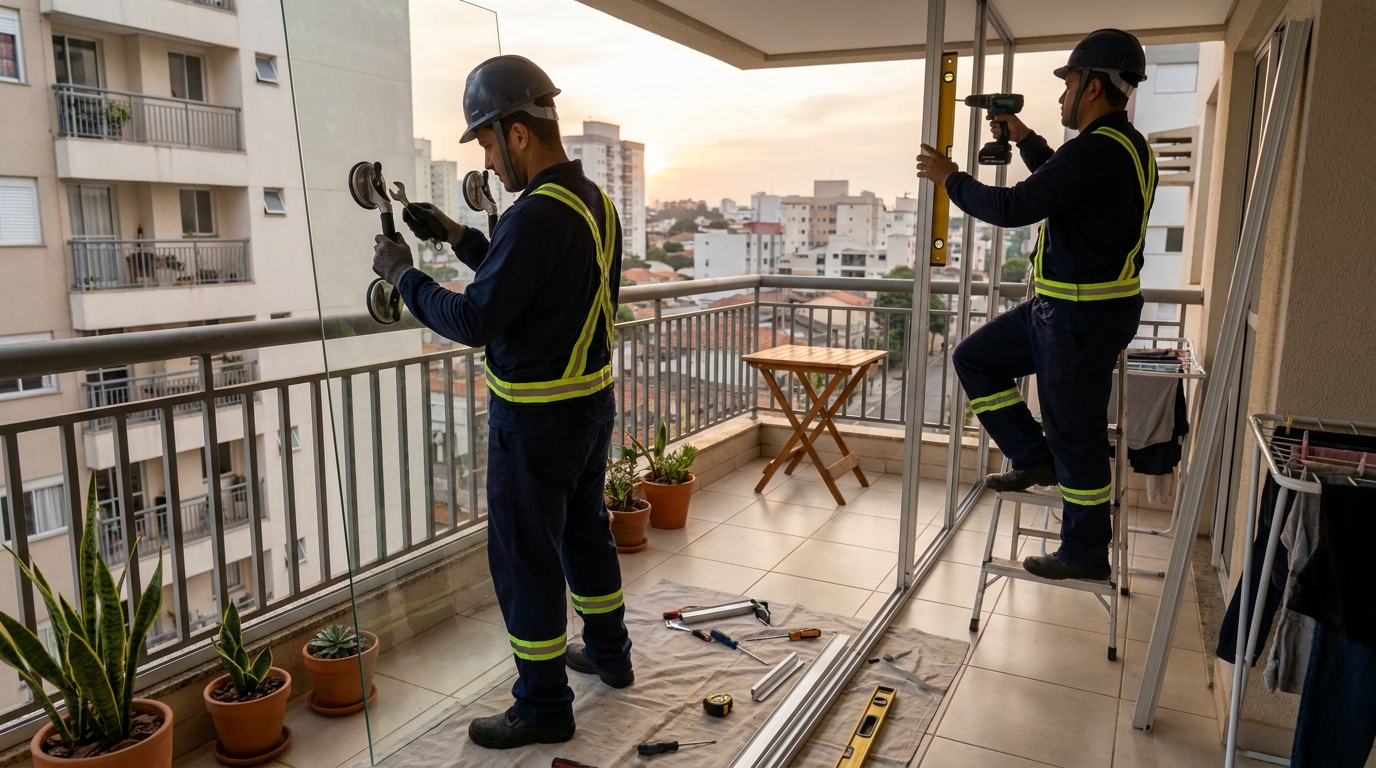 Instalação de parede de vidro em sacada em Serra-ES