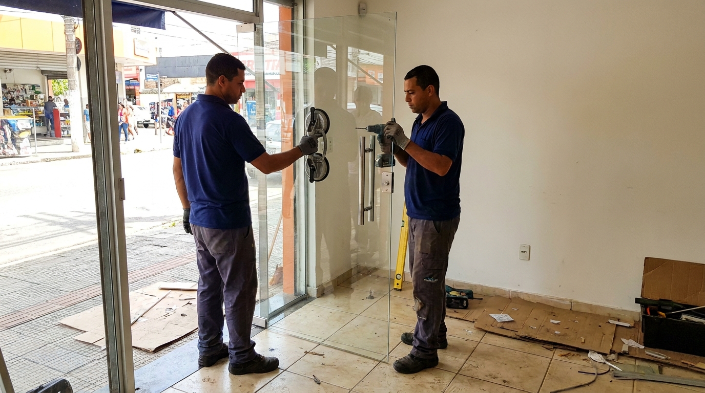 Porta de vidro de loja em rua movimentada em Serra-ES