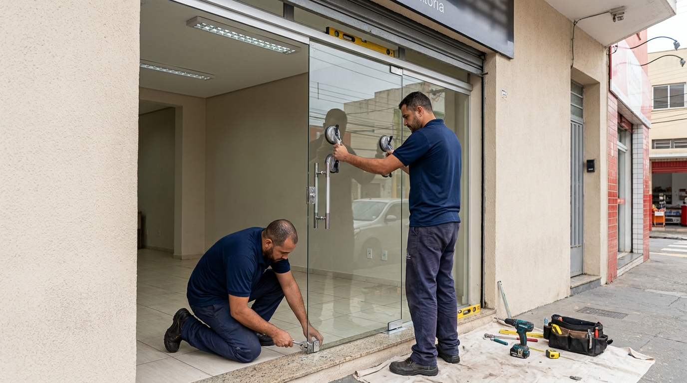 Porta de vidro com puxador inox em Serra-ES